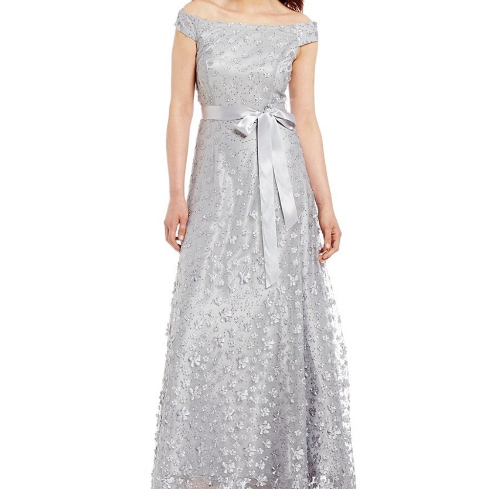 Tahari ASL Off-The-Shoulder 3D Fleurette Ball Gown